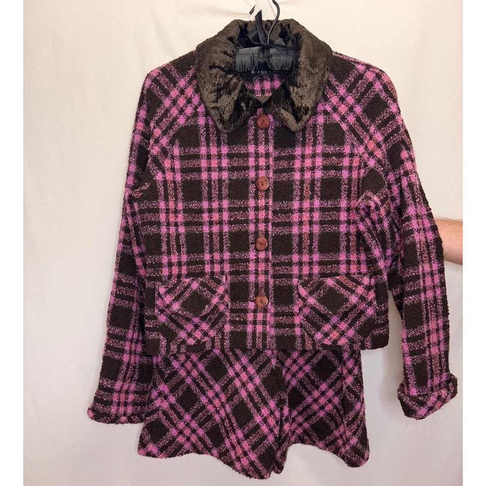 ORIS - VTG 2PC Plaid Jacket & Shorts Set Faux Fur - Pink Brown - 9 - Womens
